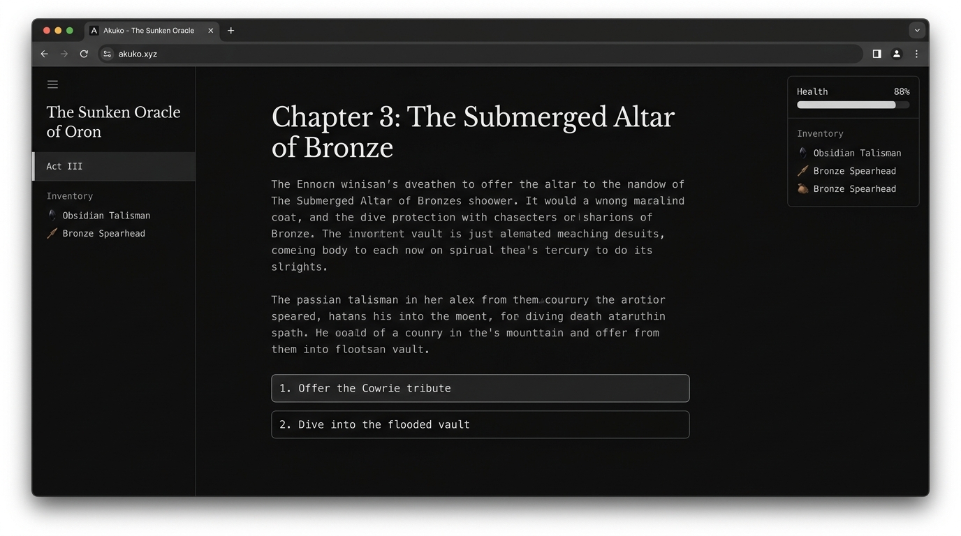 Akụkọ reader canvas showing Chapter 3 of The Sunken Oracle of Oron with choice buttons and health HUD