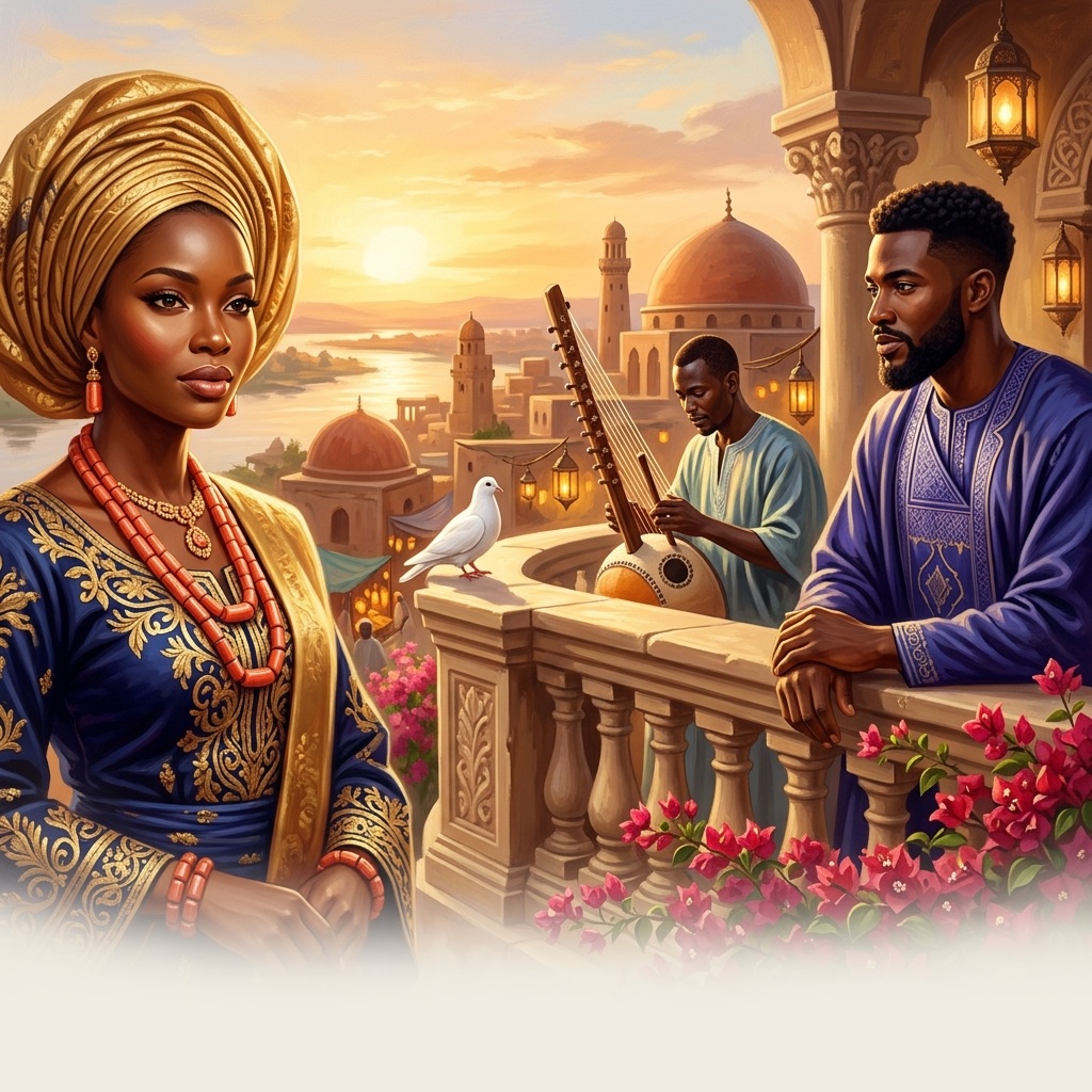 African storytelling characters on a scenic terrace at sunset